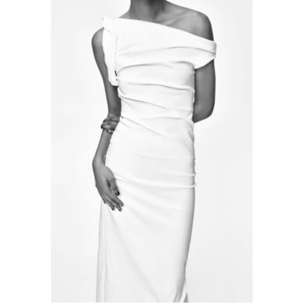 ZARA NEW WOMAN ASYMMETRIC MIDI DRESS ECRU XS med  3067/210 - Picture 4 of 11